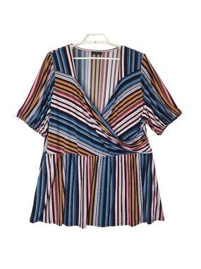 Lane Bryant Womens Top Multicolor Stripes Sz 26 28 Peplum Tunic Faux Wrap